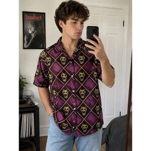 Anime Ape Skull Print Button Up Shirt Men's Medium Purple Pink Short Sleeve